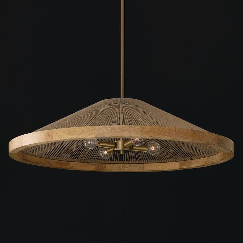 4-Light Pendant in Matte Brass with Mango Wood and Handwrapped Natural Jute Rope String
