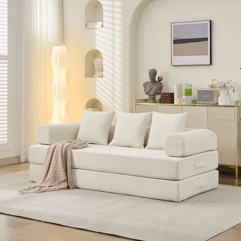 Chenille Floor Sofa Bed - Foldable Mattress Couch with Armrests, Convertible Lounge Chair for Living Room, Bedroom or Studio