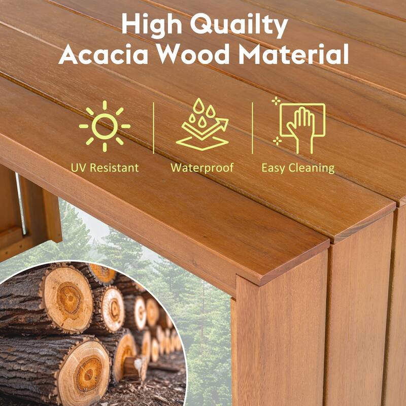 5-Piece Outdoor Patio Acacia Wood Bar Dining Set with 4 Cushioned Stools