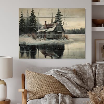 Designart 'Fishing House By The Lake III' Landscape Lake House Wood Wall Art - Natural Pine Wood