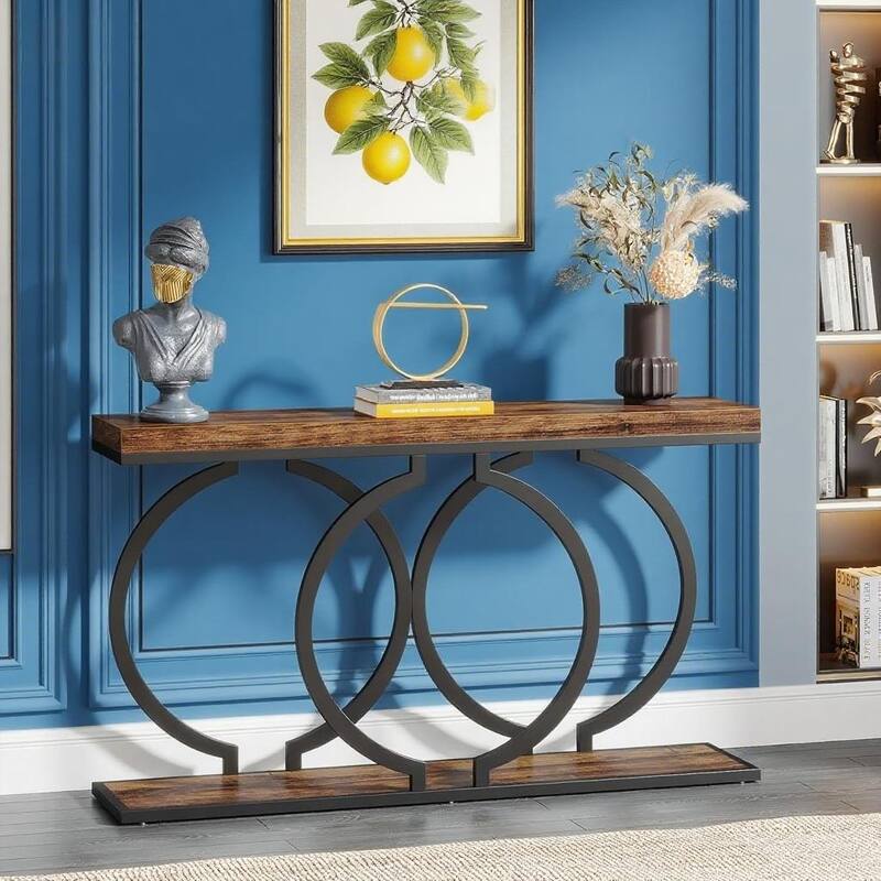 55.1" Industrial Rustic Console Table MDF Top with Black Geometric Metal Frame - 55.11" x 11.81" x 27.55" - Brown Black