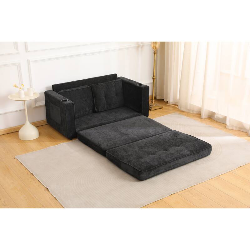 Sofa Bed with Pull-Out Straps, Velvet Sleeper Sofa with Side Storage Bags, Convertible Lounge Chaise Loveseat Daybed