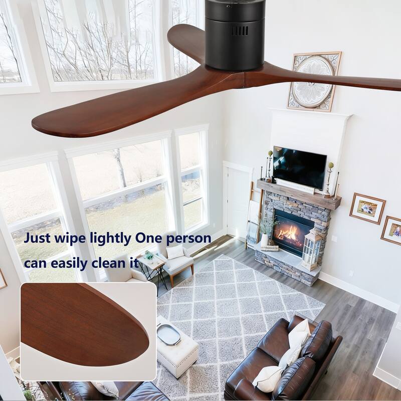 52-Inch Recessed Ceiling Fan With Light, Remote Control, Solid Wood Blades, Dimmable, Reversible, Quiet Operation - Black