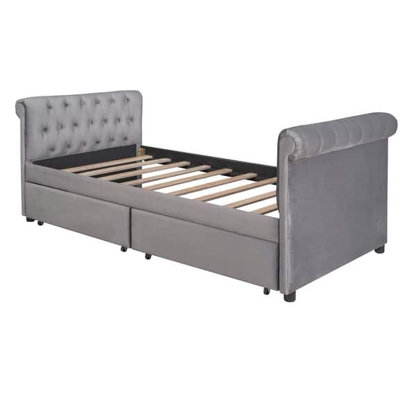 slide 2 of 8, Gray Twin Size Upholstered Daybed Sofa Bed with 2 Drawers, Fabric and Wood Frame Wood Slat Support Grey