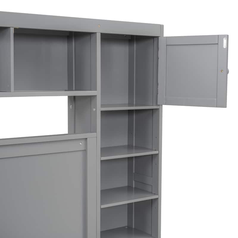 Queen Size Modern Wooden Bed with Cabinet, Shelf, and Sockets