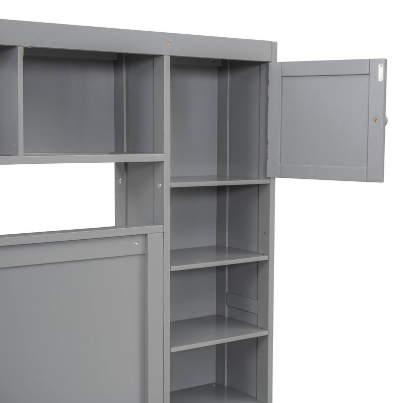 Queen Size Wooden Bed with Built-in Cabinet, Shelf, and Sockets, Twin XL Trundle, Gray