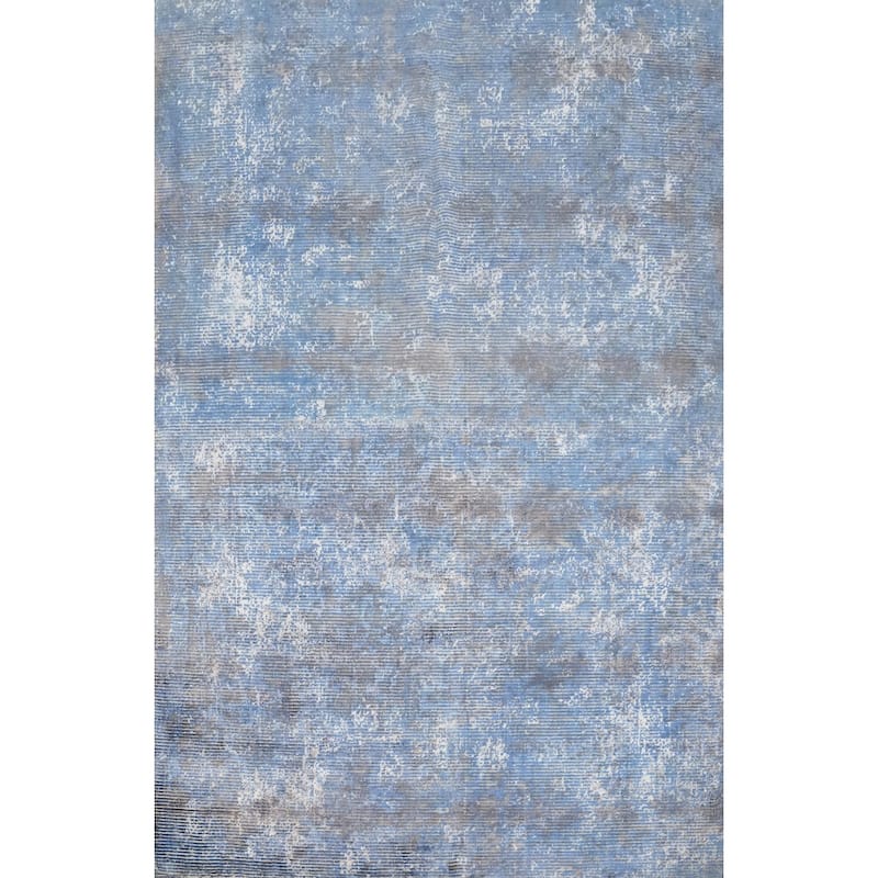 Hand Knotted Oriental Viscose Silk Carpet Modern Abstract Navy Blue & Blues Abstract Area Rug - 7' 10'' X 5' 5''
