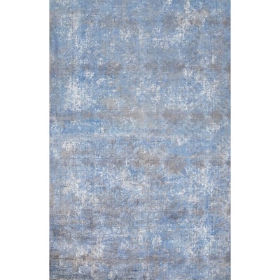 Hand Knotted Oriental Viscose Silk Carpet Modern Abstract Navy Blue & Blues Abstract Area Rug - 7' 10'' X 5' 5''
