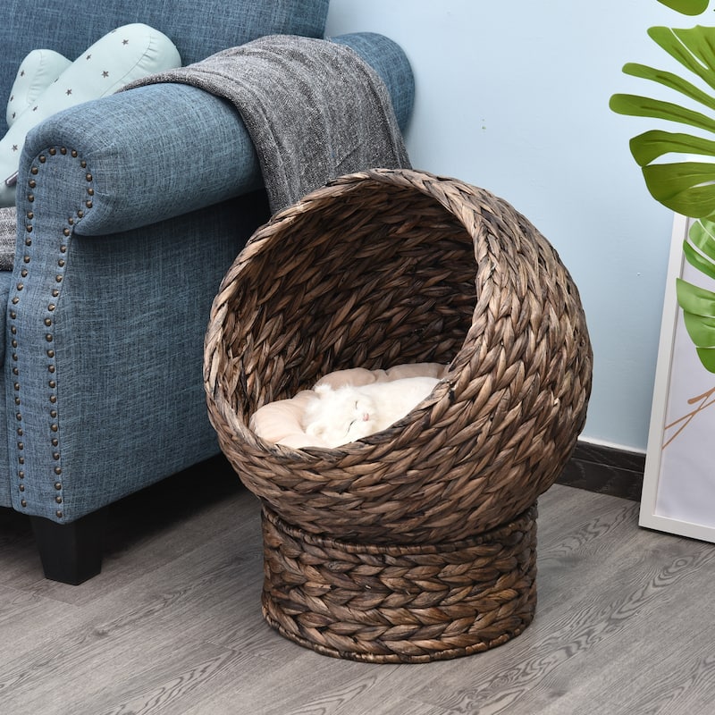 PawHut Cat Braided Banana Leaf House Enclosure, Designed for Indoors and Includes Super Soft Cotton Bed, 23.5" H, Grey - Grey