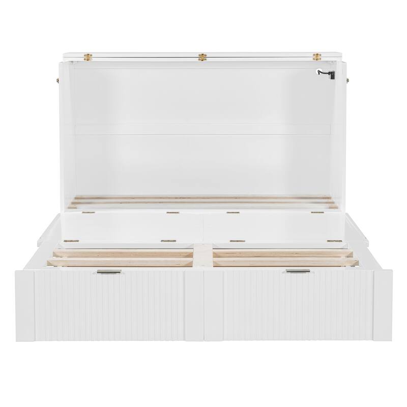 Space-Saving Queen Size Murphy Bed with Drawer, USB Ports, and Pulley Mechanism, Convertible Wall Bed with Flexible Slats