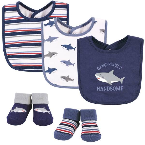 slide 1 of 1, Hudson Baby Infant Boy Cotton Bib and Sock Set, Handsome Shark, One Size - Handsome Shark - One Size One Size - Handsome Shark