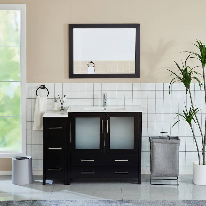 Vanity Art 48-Inch Single Sink Bathroom Vanity Set 5 Dove-Tailed Drawers 2 Cabinets 1 Shelf Soft-Closing Doors with Free Mirror - Espresso