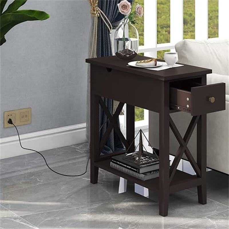 End Table with Flip Top and Charging Station - Espresso With Power Outlets
