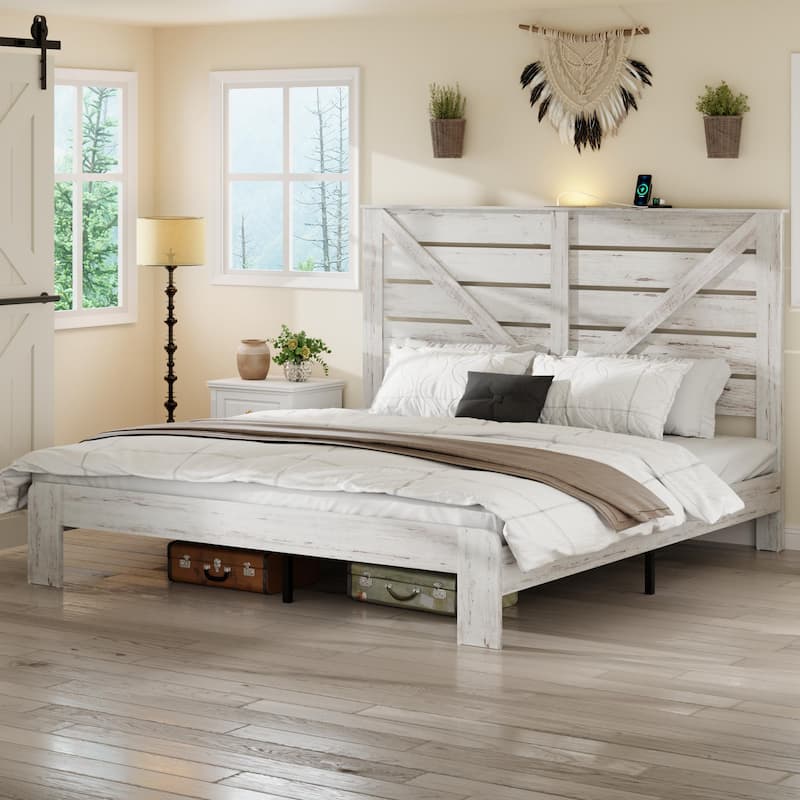 King Bed Frame Headboard, Wood Platform Bed Frame,No Box Spring Needed and Easy Assembly Tool,Large Under Bed Storage - White