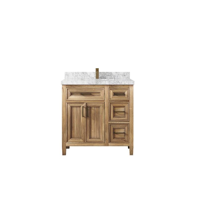 Willow Collections 36 in. W x 22 in. D Santa Monica Teak Bathroom Vanity Center with Countertop - 2" Carrara Marble - Whitewashed Teak