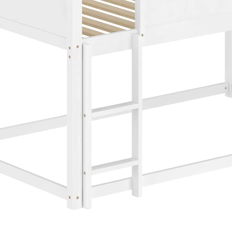Twin Over Twin Pine Wood House Bunk Bed with Convertible Slide/Ladder and Safety Guardrail