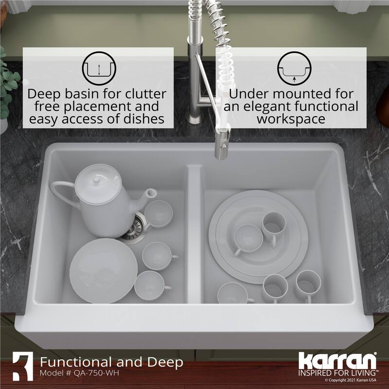 Karran Farmhouse Apron Front Quartz Double Bowl Kitchen Sink Kit