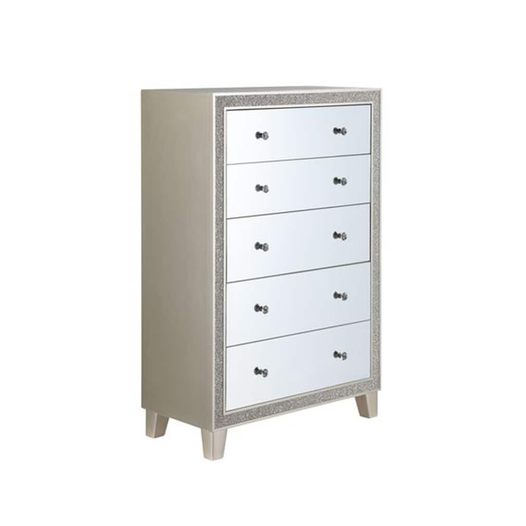 51 Inch Lee 5 Drawer Mirrored Tall Chest Dresser, Acrylic Trim, Champagne
