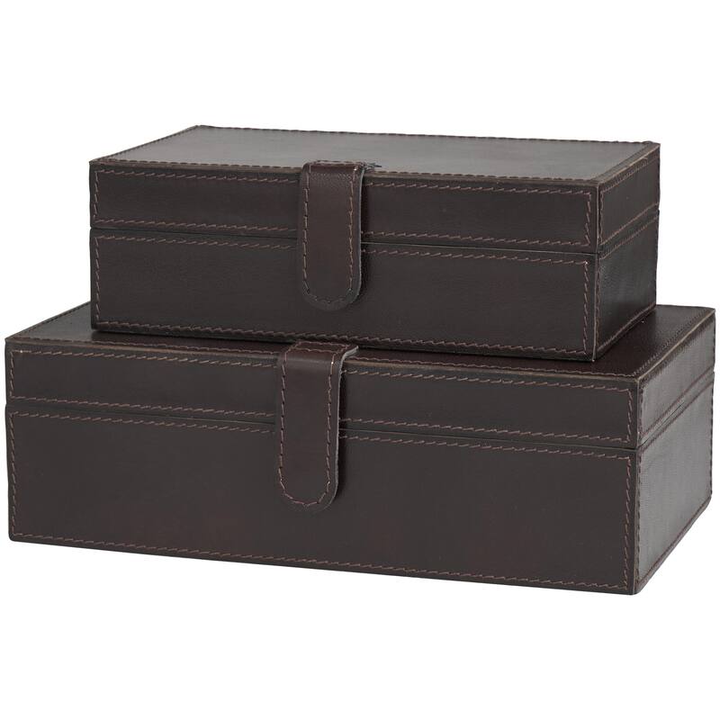 Leather Handmade Decorative Box with Hinged Lid - Set of 2 Gray, Brown, Dark Brown, Gold, Silver - Roche River Decor - Dark Brown - 10", 8"W