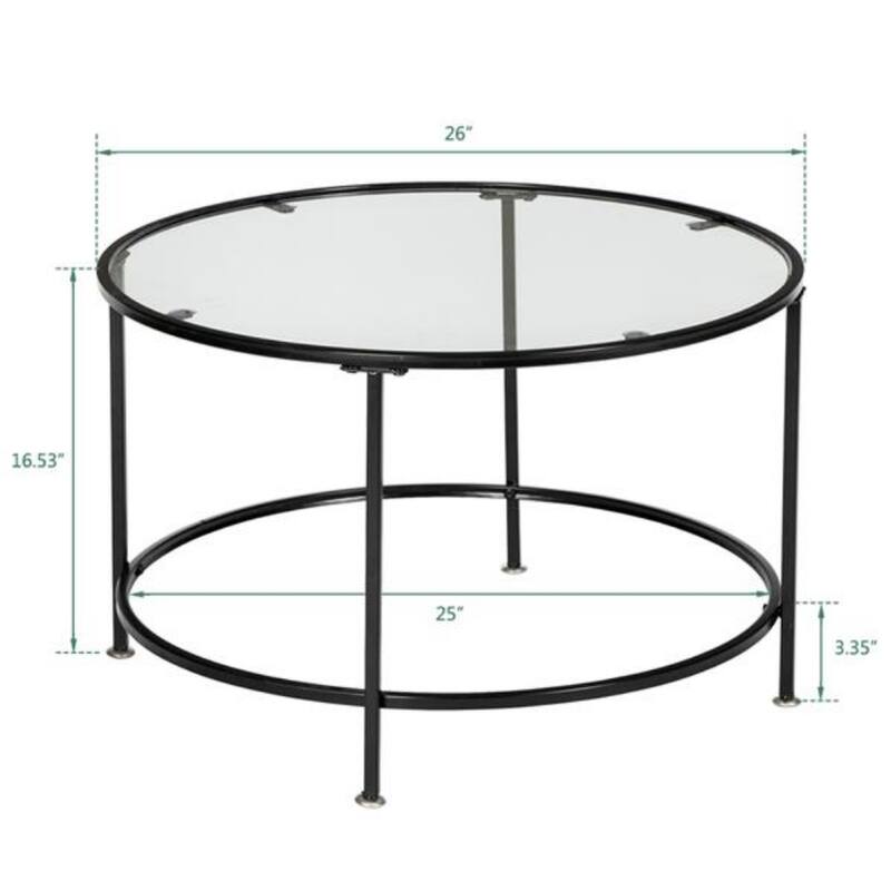 2 Layers 5mm Thick Tempered Glass Countertops Round Wrought Iron Coffee Table - Black - 25.98"L x 25.98"W x 16.53"H