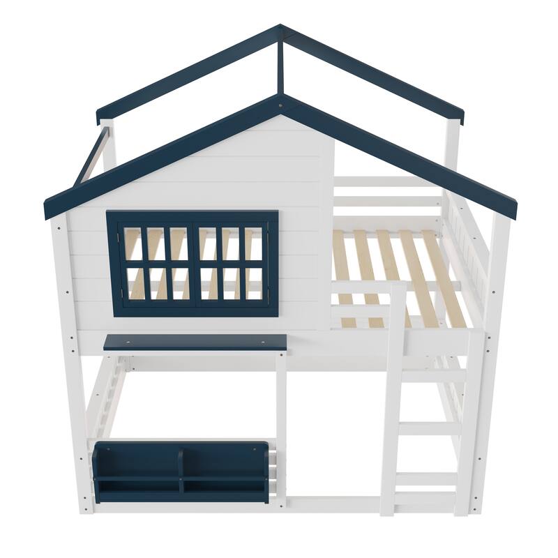 Full Size Bunk Bed/Loft Bed with Bookshelf, House Design, High-Quality Safety Fencing