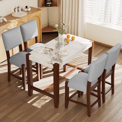 5-Piece Counter Height Dining Table Set, Faux Marble Bar Table And 4 Upholstered-Seat Chairs, Mid-Century Modern Dining Set