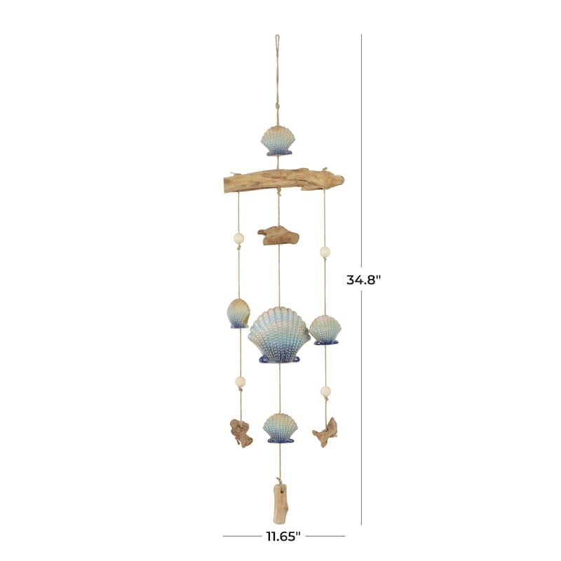 Ceramic Shell Handmade Ombre Windchime with Driftwood and Bead Accents - Blue - Roche River Decor