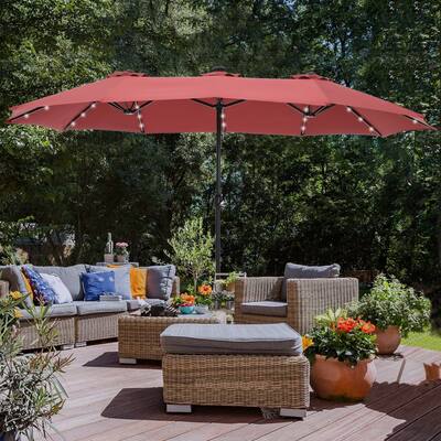 15ft Patio Umbrella Double-Sided Outdoor Extra Large Crank Lift Umbrella with Solar Led Lights and Base Included