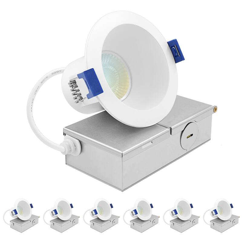 Luxrite 3 in. LED Recessed Ceiling Light J-Box 8W 5CCT 840 Lumens Dimmable Wet Rated IC Rated 6 Pack - Color Temperature Selectable 27K/30K/35K/40K/50K