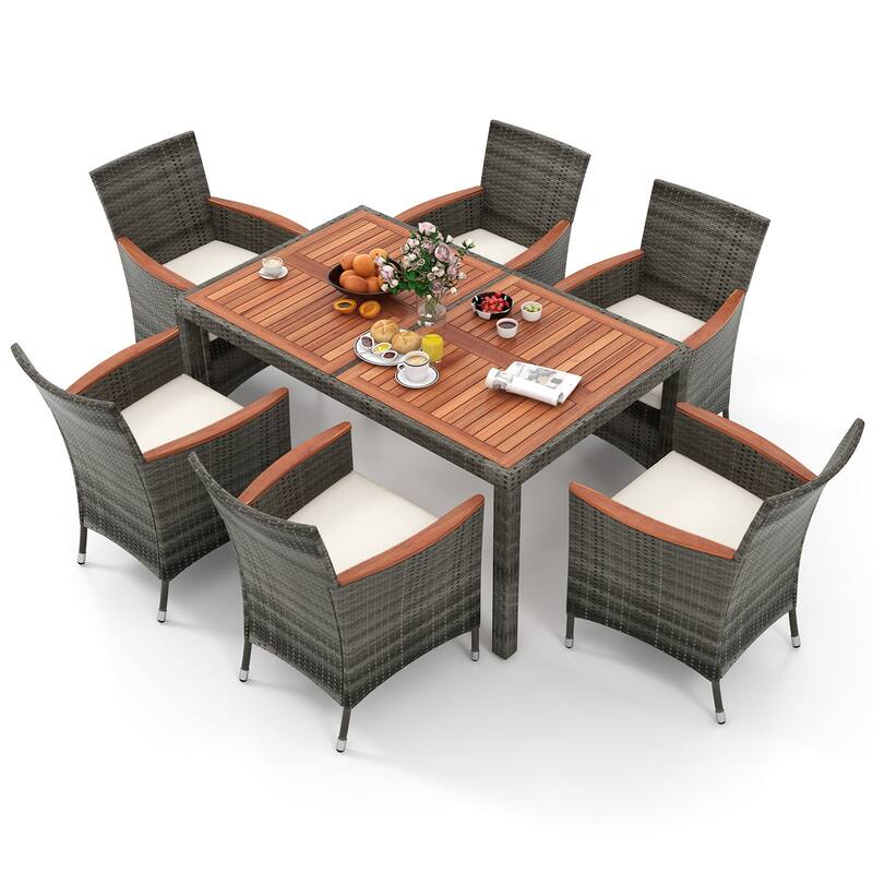 Cushioned 7-Piece Patio Dining Set in Acacia Wood and PE Rattan Wicker - 59" L x 35.5" W x 29" H