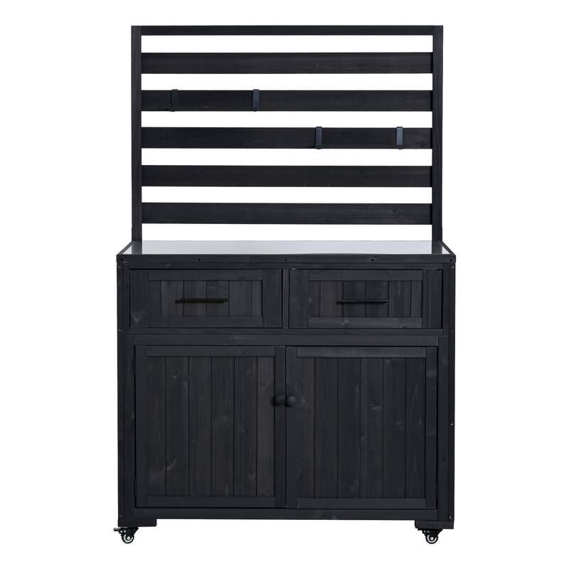 Solid Wood 64.9''Tall Outdoor Kitchen Island Kitchen Cart, Garden Potting Bench with Stainless Table Top for BBQ