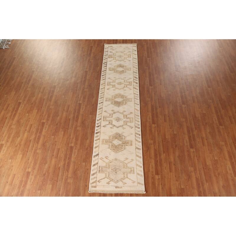 Anatolian Turkish Runner Rug Hallway Handmade Beige Wool Carpet - 2'10"x 12'7"