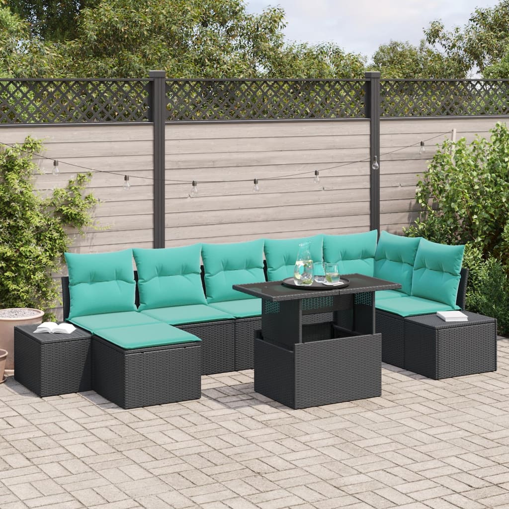 vidaXL 8 Piece Garden Sofa Set with Cushions Black Poly Rattan - 125.6×60.6×27.2