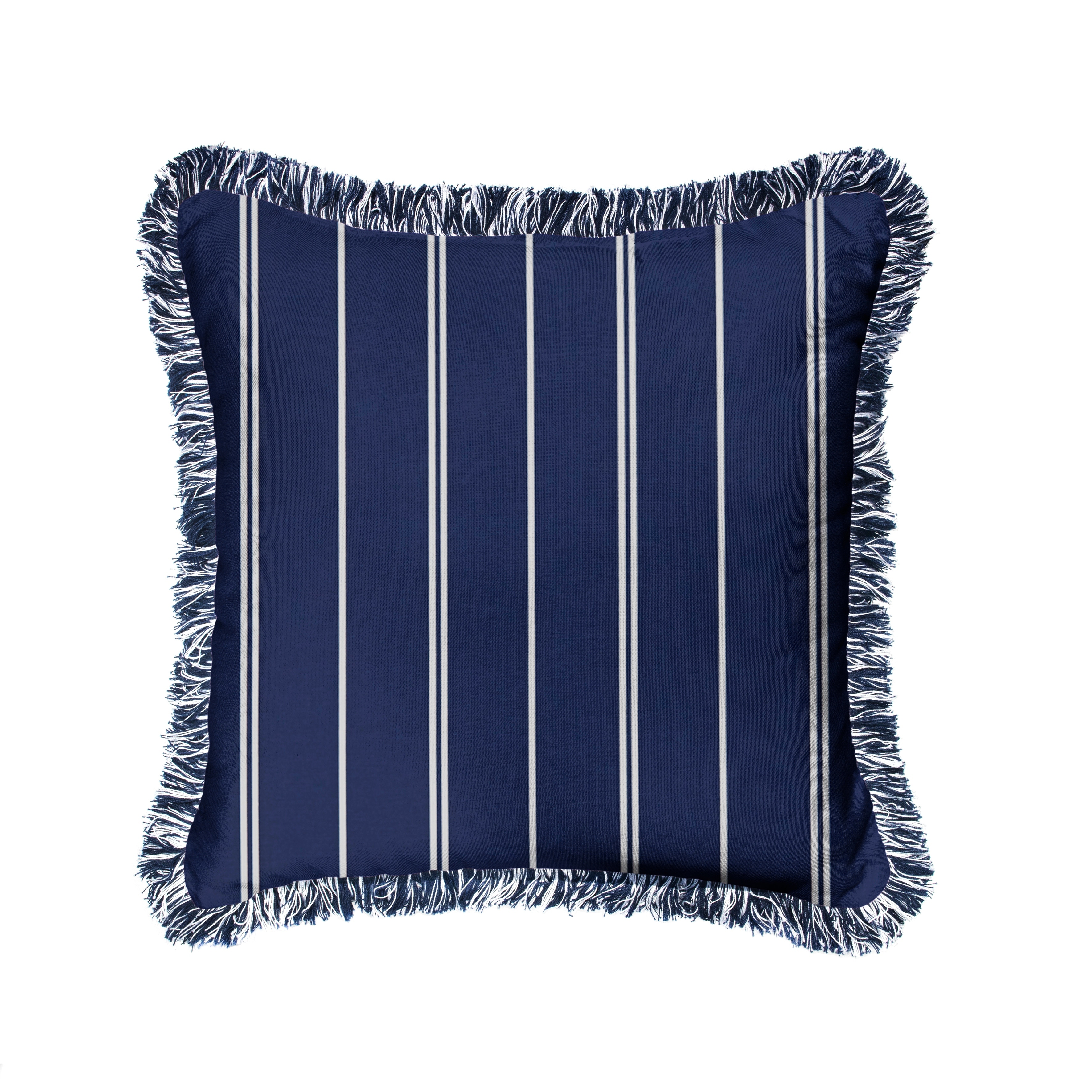 Navy and White Striped Indoor Outdoor Square Pillow with Fringe