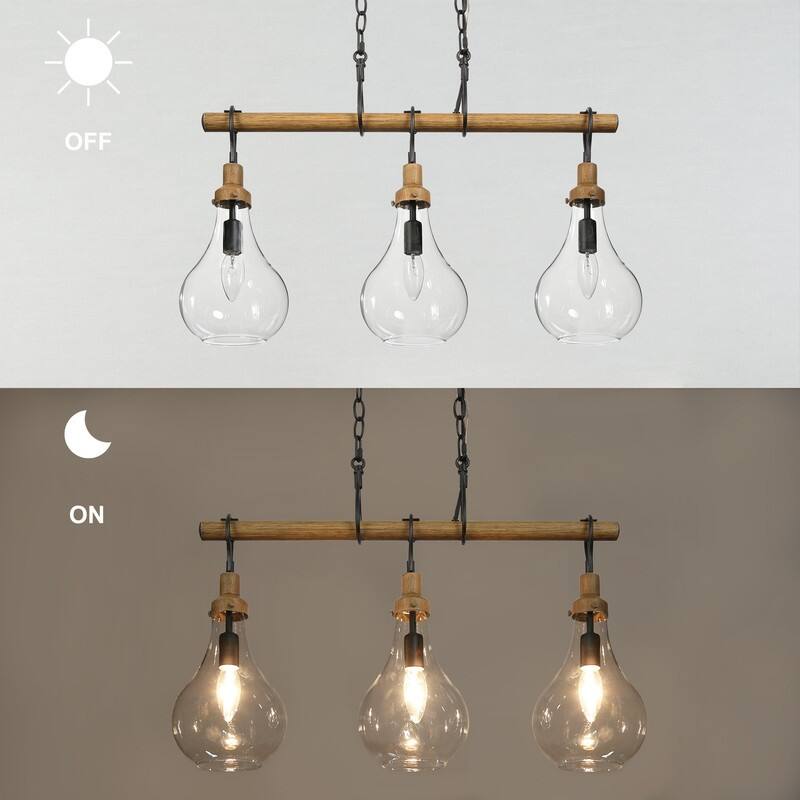 Farmhouse Rustic 3-Light Metal Modern Linear Island Chandelier Dining Room Linear Pendant with Droplet Glass - 26.5 inches