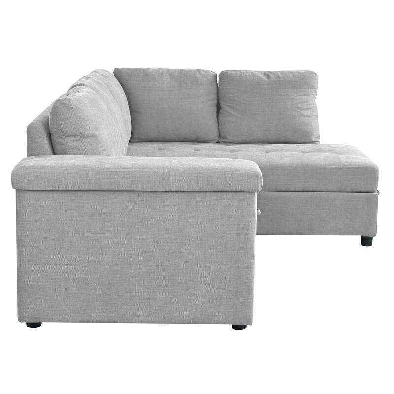 91.5" Polyester L-Shaped Sectional Sofa with Pull-Out Bed, Hidden Storage and Wide Storage Armrests