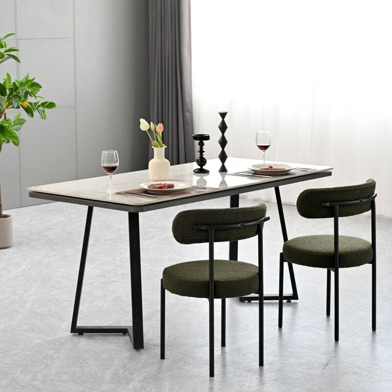 Dining Chairs, Green Curved Backrest Chairs Set of 2, Round Upholstered Kitchen Chairs with Black Metal Spray-painted Legs
