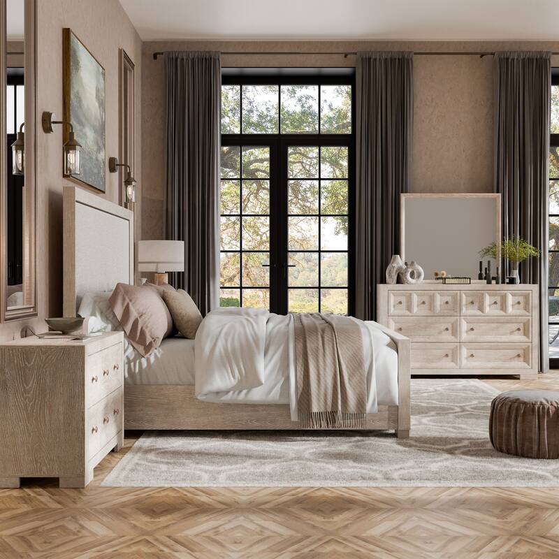 Furniture of America Durem II Modern 4-Piece Solid Wood Panel Bedroom Set with Oversized Nightstand and Dresser/Mirror - Tawny - Queen