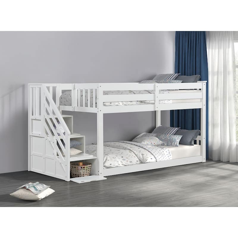 Twin Over Twin Low Bunk Bed with Reversible Storage Drawers and Staircase - White