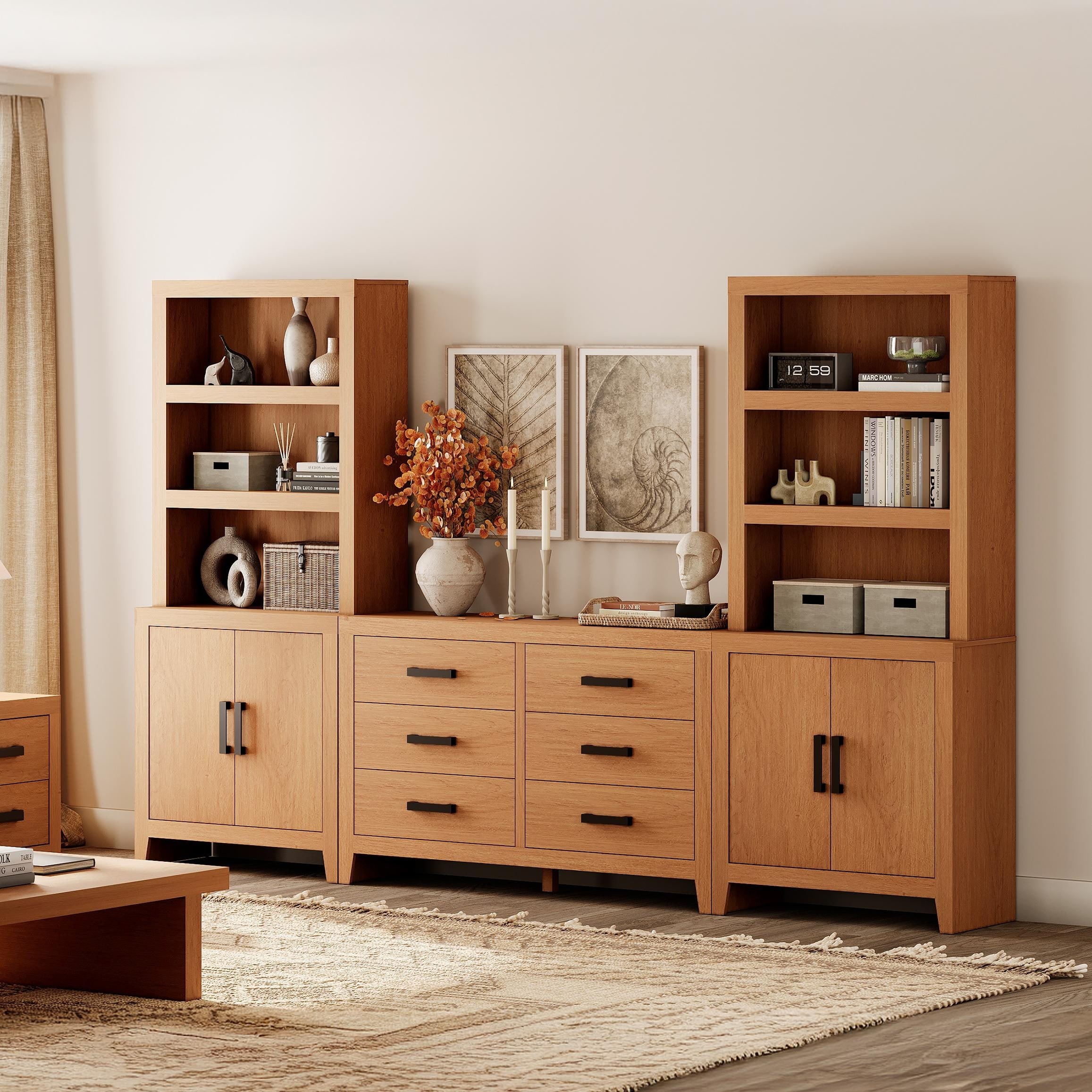 WAMPAT Farmhouse Entertainment Center with Bookshelves, Modular TV Stand with Storage Drawers