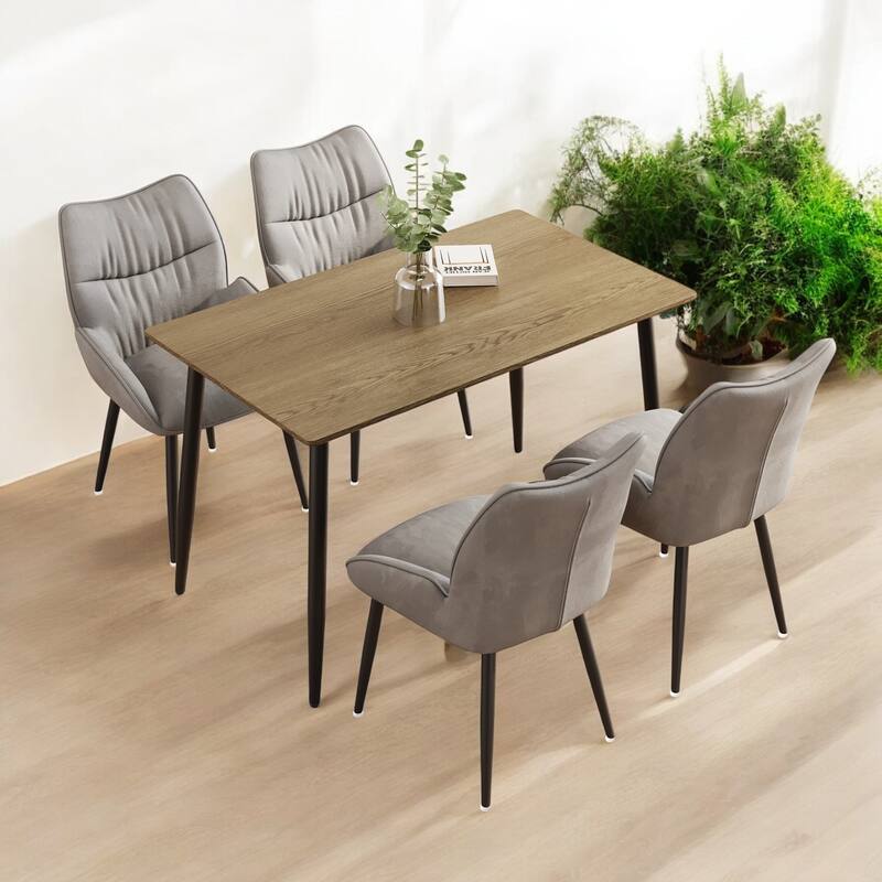 Modern 5-Piece Dining Set, Minimalist Wood Grain Table with Metal Legs, 4 Velvet Chairs, Easy to Assemble for Dining Room