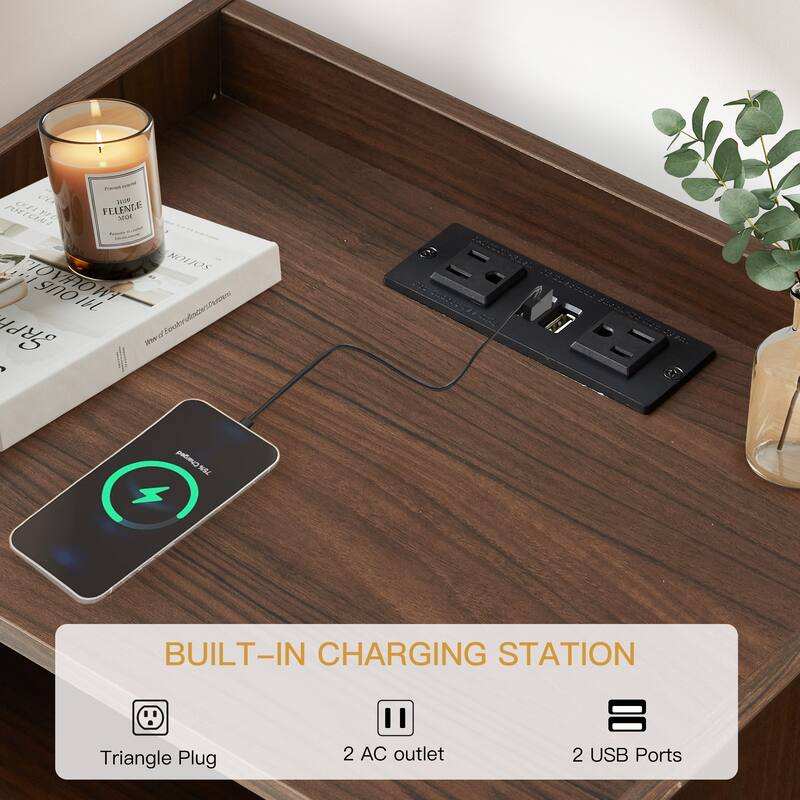 Modern Fluted Nightstand Set of 2 with USB Charging Station, Drawer and Open Storage Shelf