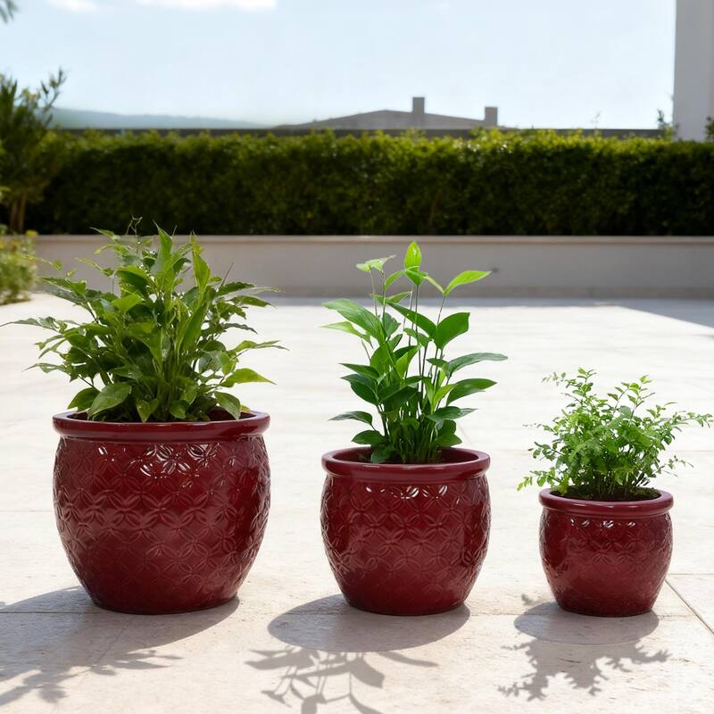 3 Pack Handmade Glazed Ceramic Planter, Ring Pattern Planter Pot