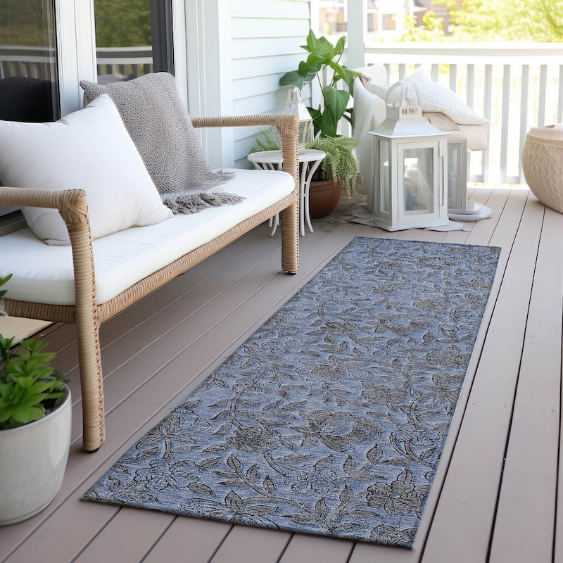 Machine Washable Indoor/ Outdoor Chantille Floral Rug - Blue - 2'3" x 7'6"