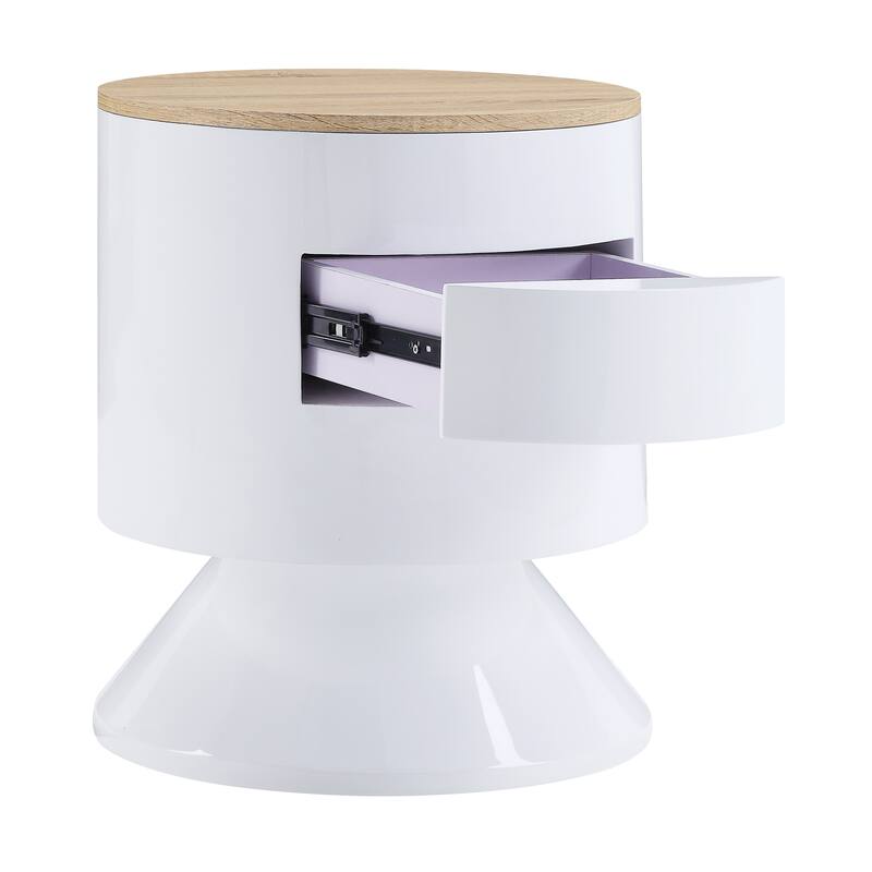 White-Brown Pyramidal Base Circular Wooden Night Table with 1 Drawer - 19" L x 19" W x 22" H - White-Brown