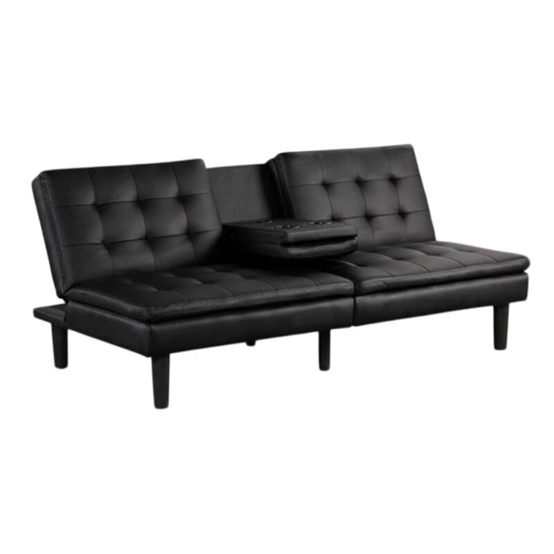 Berie Futon Sofa Bed, Drop-Down Tray, Cupholder, Black Faux Leather