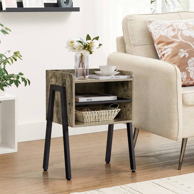 VECELO Gray Mid-Century Modern 3-Tier Stackable Nightstand Set of 1/2 Nightstands with Metal Frame for Bedroom Living Room