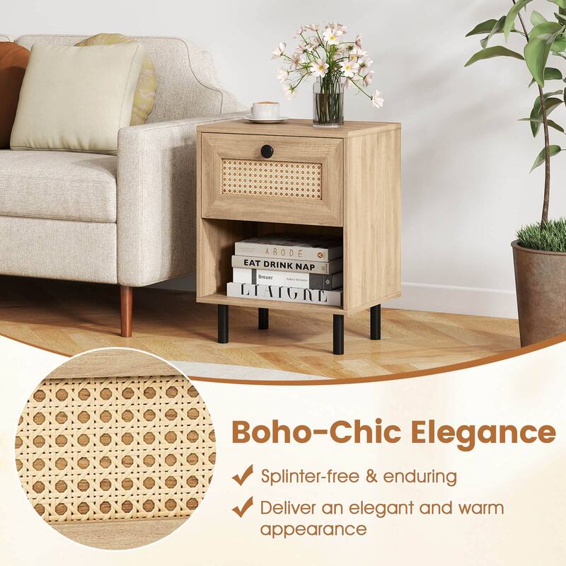 Costway 1/2 PCS Rattan Nightstand Boho End Table with Drawer & Open - See Details