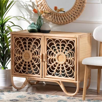 Acelin Natural Rattan Storage Cabinet - Handcrafted Boho Accent Console with Floral Doors, Natural Wicker Sideboard