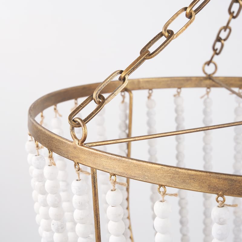 Rhone White Wood Beads w/ Gold Metal Frame 3 Bulb Chandelier